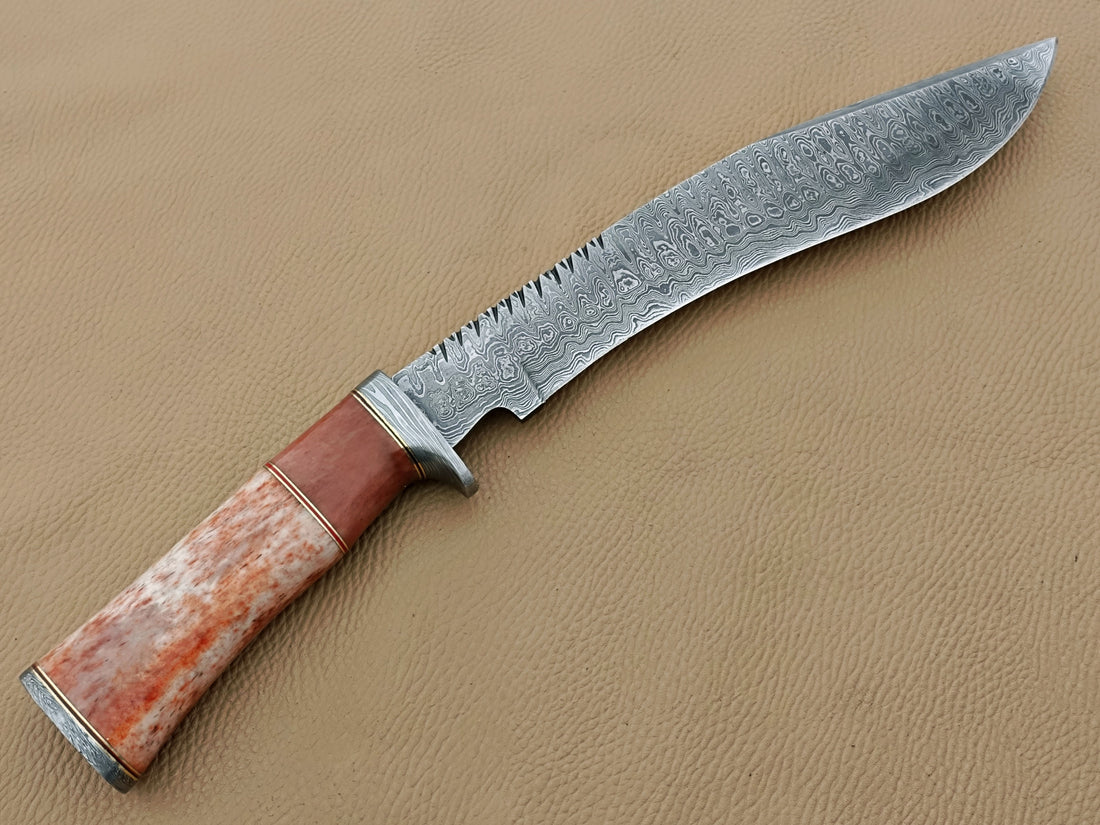 Historic Delicacy for Hunters-Hand-Forged Damascus Hunting Knife with Camel Bone Handle & Durable Leather Sheath