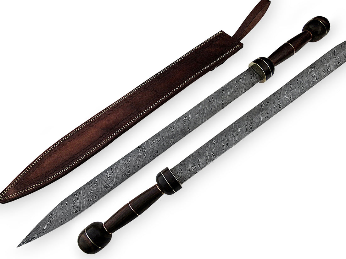 36-Inches Ancient Craftsmanship-Handmade Damascus Steel Roman Gladius Sword with Rosewood Wood Handle & Leather Sheath