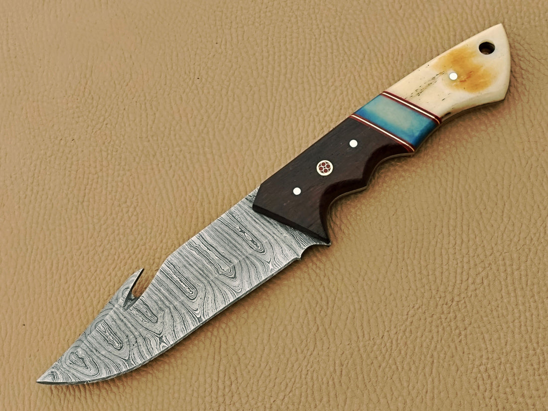 Hunt in Style With Our 13-Inch Handmade Damascus Hunting Knife with Camel Bone Handle & Leather Sheath!