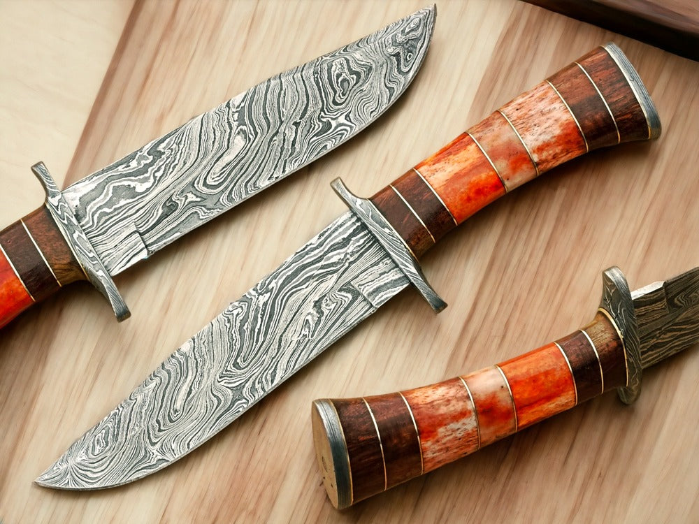 Historic Delicy for Hunters-Hand-Forged Damascus Hunting Knife with Camel Bone Handle & Durable Leather Sheath