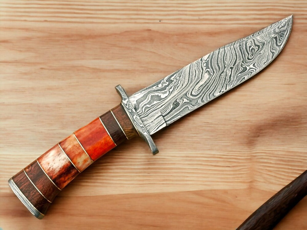 Historic Delicy for Hunters-Hand-Forged Damascus Hunting Knife with Camel Bone Handle & Durable Leather Sheath