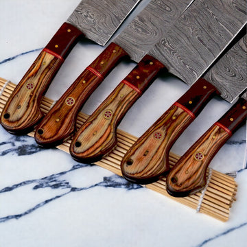 Handmade chef knife set of 5 in Damascus steel.