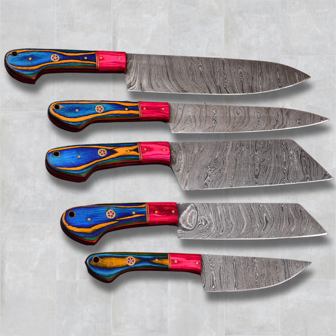 5-Piece Damascus Steel Chef Knives Set | Rainbow Pakkawood