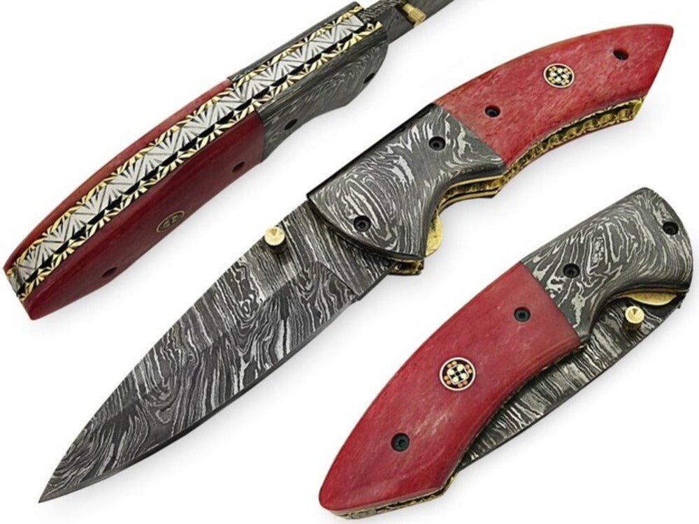 Custom Handmade Damascus Folding Knife with Rams Horn Handle And Leather Sheath