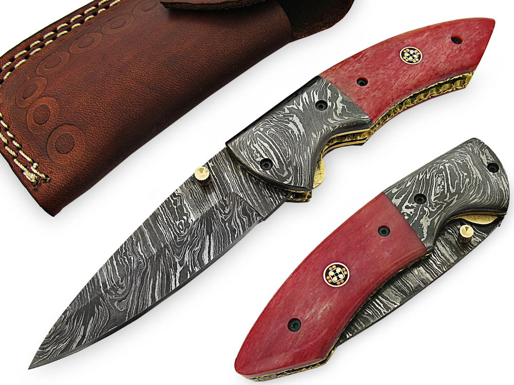 Custom Handmade Damascus Folding Knife with Rams Horn Handle And Leather Sheath