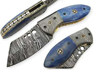 Handmade Damascus Steel Folding Pocket Knives with Rams Horn Handle With Engraved Brass Bolster