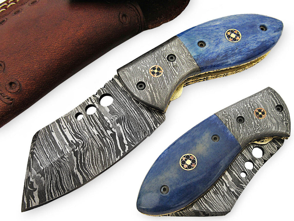 Handmade Damascus Steel Folding Pocket Knives with Rams Horn Handle With Engraved Brass Bolster