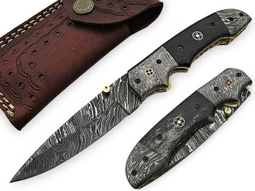 Handmade Damascus Steel Folding Pocket Knife with Brown Micarta Handle and Leather Sheath