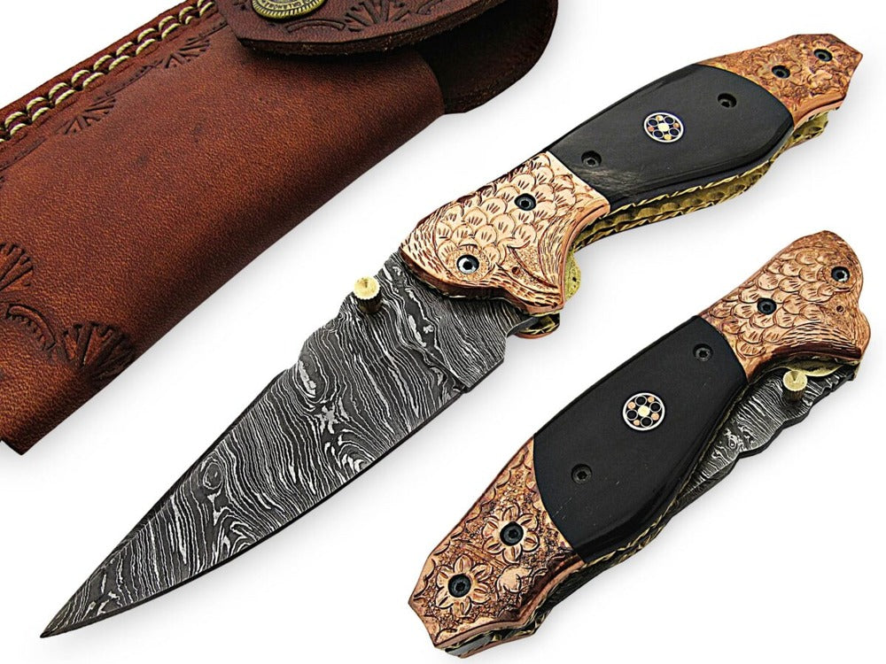 Handmade Damascus Steel Dark Green Folding Pocket Knife With G-10 Handle And Leather Sheath