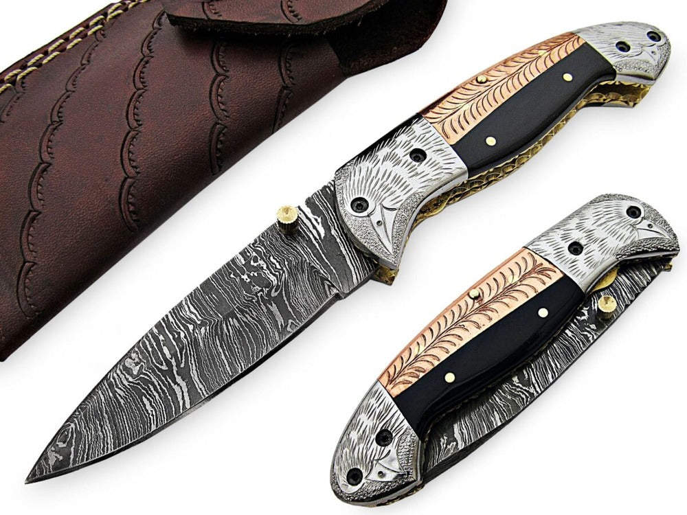 Handmade Damascus Steel Folding Pocket knife with Micarta Handle And Leather Sheath