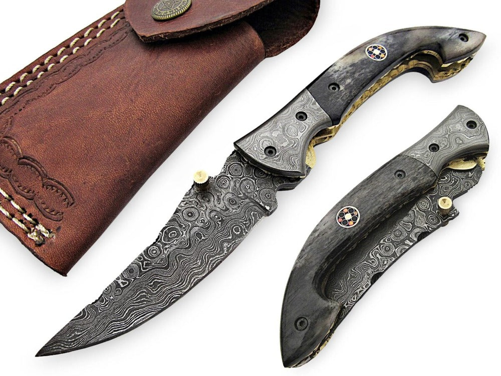 Handmade Damascus Steel Folding Pocket Knife with G-10 Handle and Leather Sheath