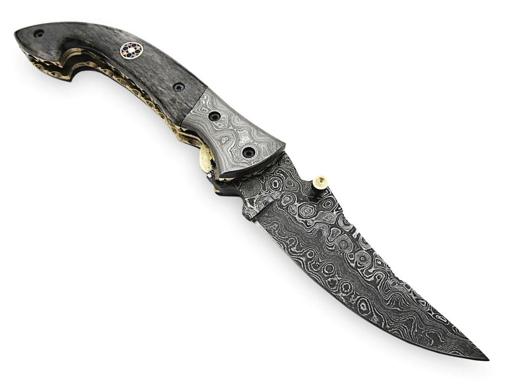 Handmade Damascus Steel Folding Pocket Knife with G-10 Handle and Leather Sheath