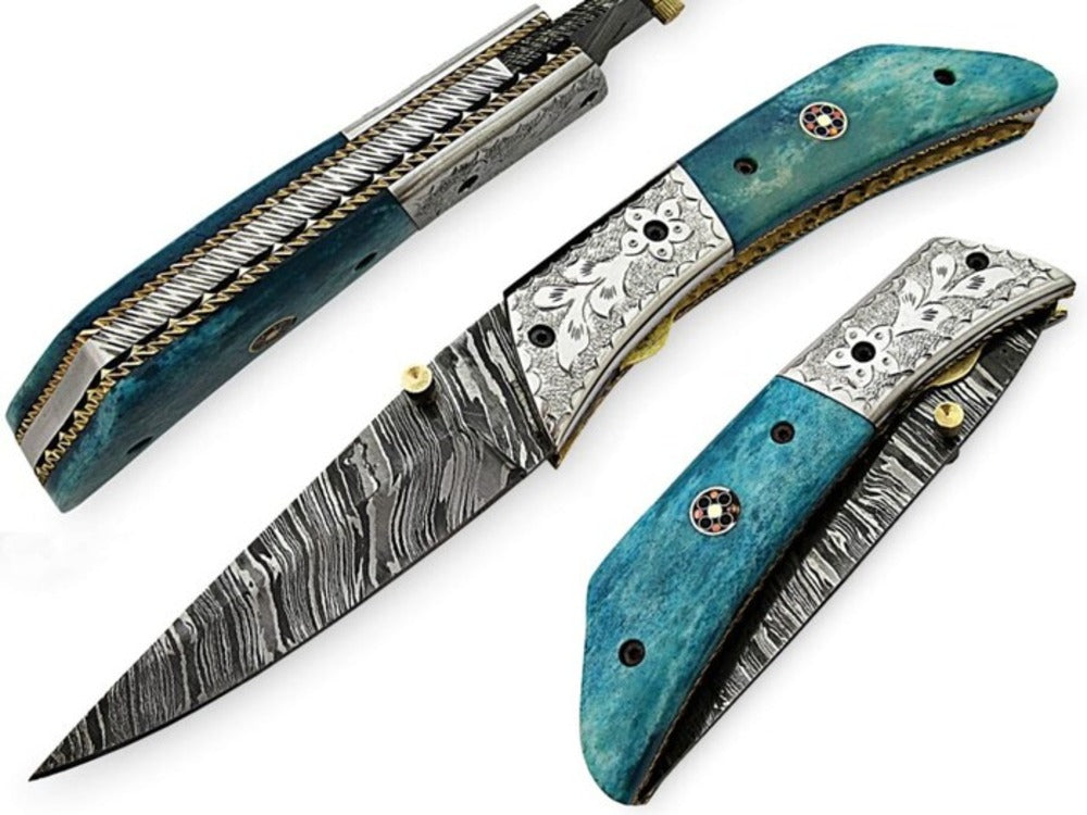 Handmade Damascus Steel Folding Knife with Micarta Handle And Brass Bolsters