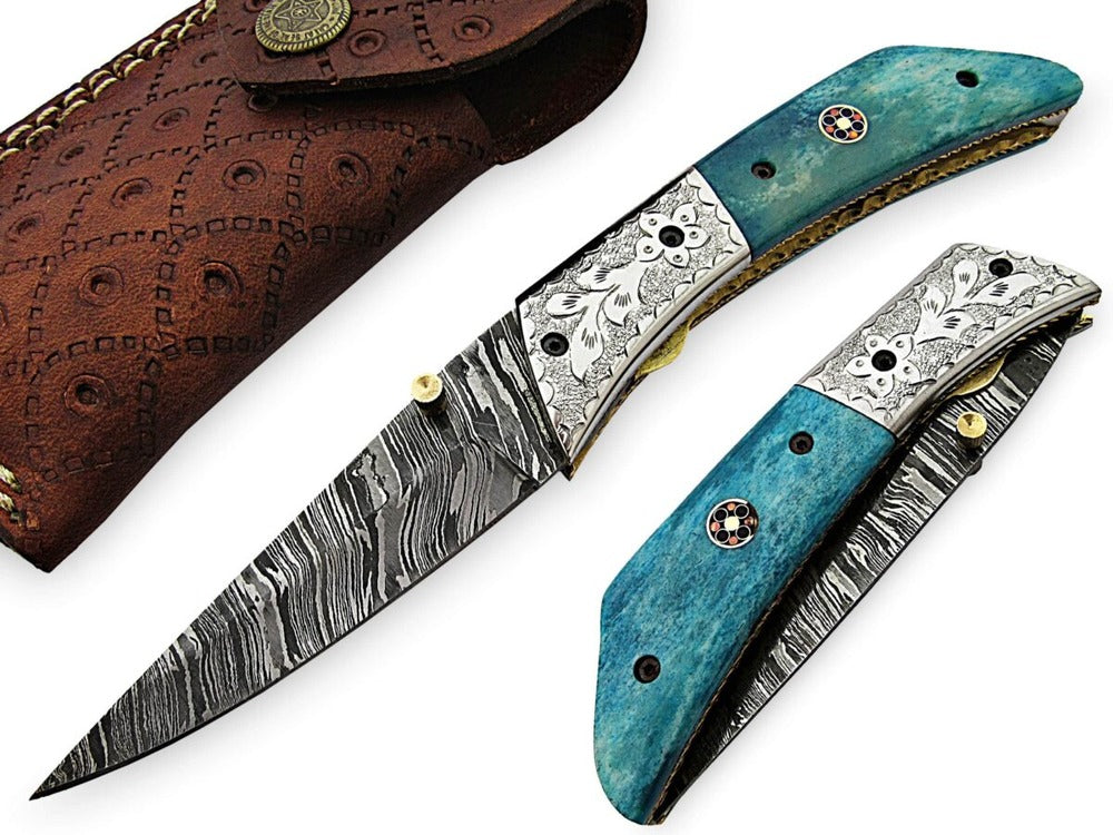 Handmade Damascus Steel Folding Knife with Micarta Handle And Brass Bolsters