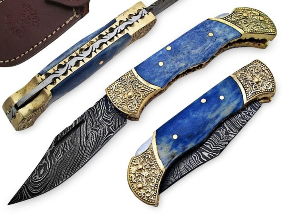 Handmade Damascus Steel Folding Pocket Knife With Brass Handle with Professional Hand Engravings