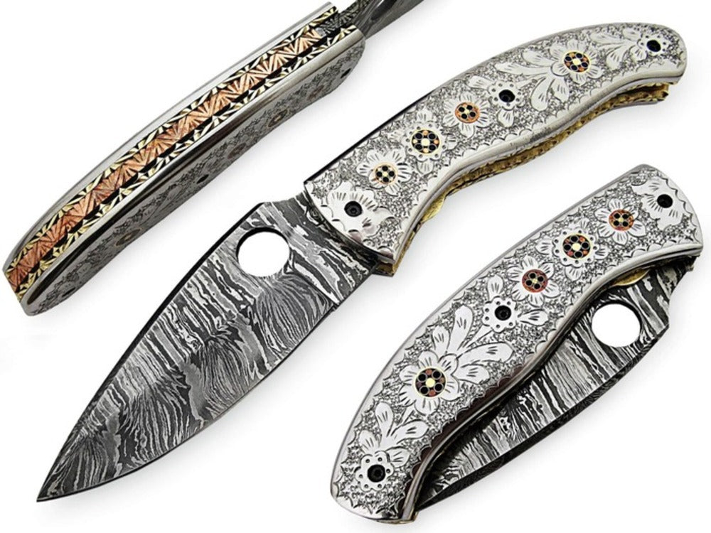 Handmade Damascus Steel Folding Knife with Camel Bone Handle