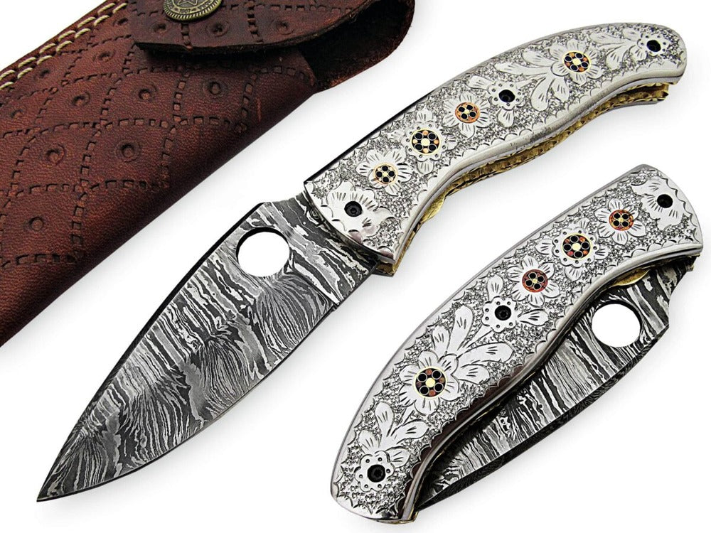 Handmade Damascus Steel Folding Knife with Camel Bone Handle