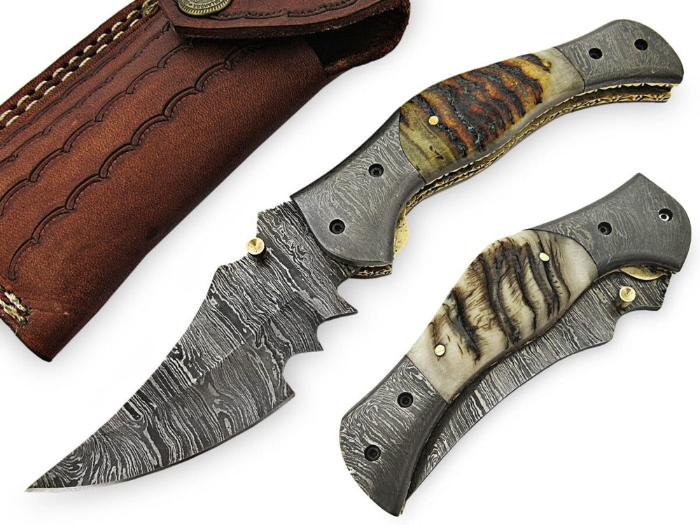 Custom Handmade Damascus Pocket Knife With Red Camel Bone Handle And Leather Sheath