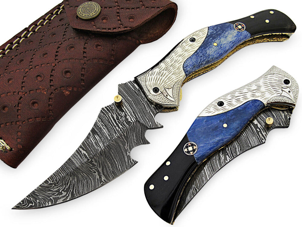 Custom Handmade Damascus Folding Pocket Knife With Olive Wood Handle And Leather Sheath