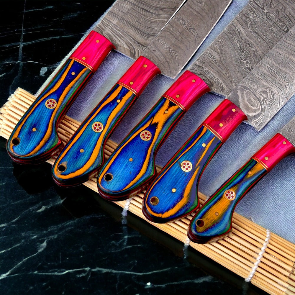 Handmade Chef knife set of 5 in Damascus steel