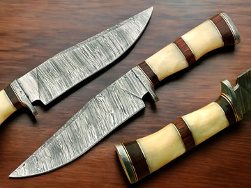 Hand-Forged Bowie Damascus Knife With Premium Rosewood and Camel Bone Handle, Ideal as a Present!