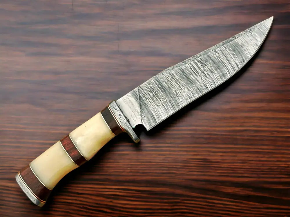 Hand-Forged Bowie Damascus Knife With Premium Rosewood and Camel Bone Handle, Ideal as a Present!