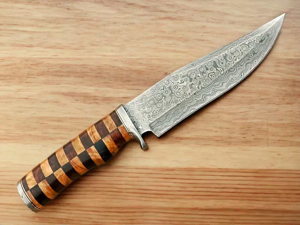 Antique Damascus Steel Hunting Knife – Rose Wood & Olive Wood Handle with a Leather Sheath