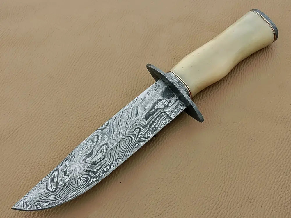 Handmade Damascus Steel Hunting Knife- Razor Sharp Blade, Camel Bone Handle, Protected with Leather Sheath!