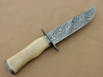 Handmade Damascus Steel Hunting Knife- Razor Sharp Blade, Camel Bone Handle, Protected with Leather Sheath!