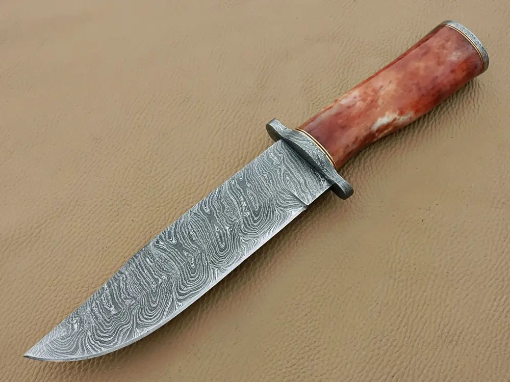 Historic Hunter’s Choice- Damascus Hunting Knife with Camel Bone Handle & Leather Sheath for Durability!