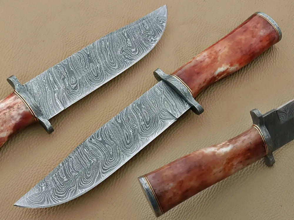 Historic Hunter’s Choice- Damascus Hunting Knife with Camel Bone Handle & Leather Sheath for Durability!