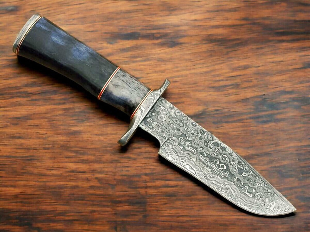 Hunt in Style With Our 13-Inch Handmade Damascus Hunting Knife with Camel Bone Handle & Leather Sheath!