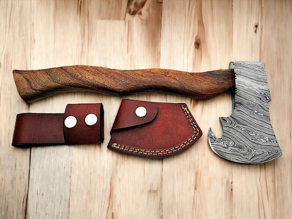 Handmade Damascus Steel Camping Axes with Leather Sheath