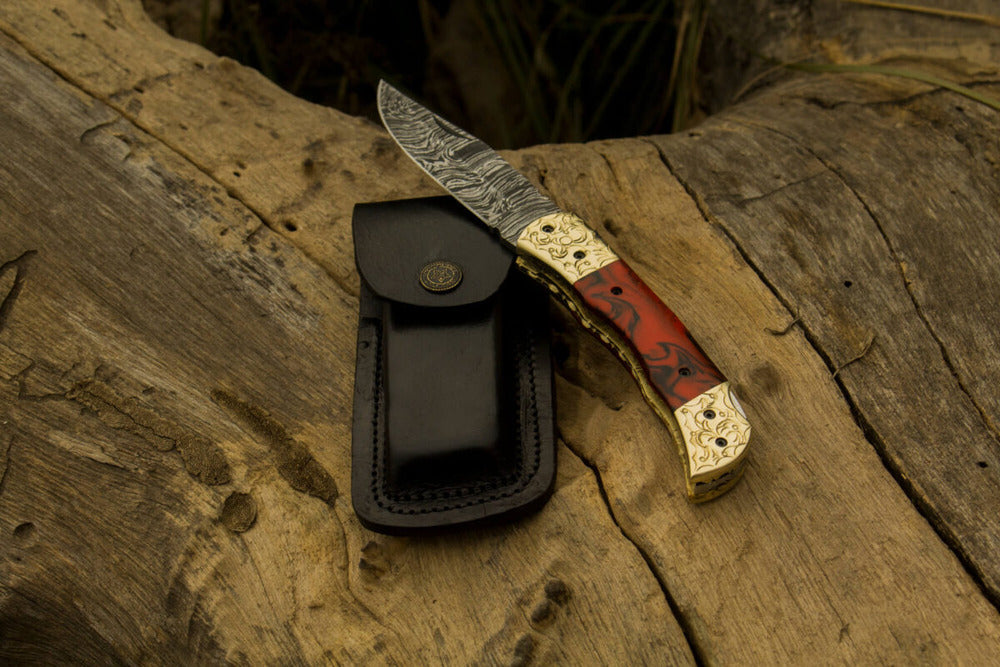 Custom Handmade Damascus Folding Knife with Engraved Steel Handle And Leather Sheath