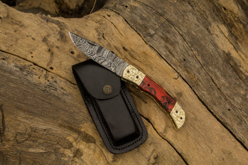 Custom Handmade Damascus Folding Knife with Engraved Steel Handle And Leather Sheath