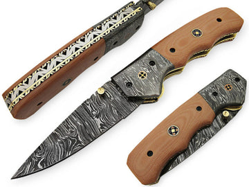 Classy Custom Handmade Folding Knife with Buffalo Horn Handle and Damascus Steel Bolsters With Leather Sheath