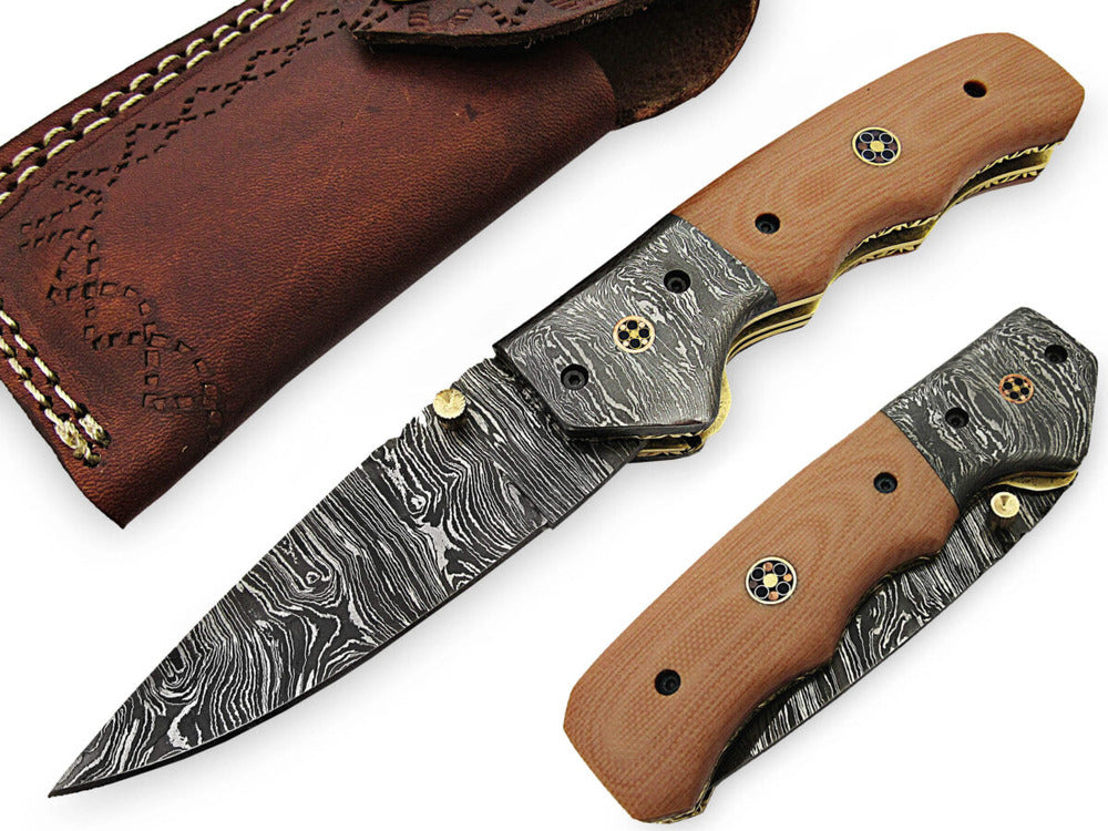 Classy Custom Handmade Folding Knife with Buffalo Horn Handle and Damascus Steel Bolsters With Leather Sheath