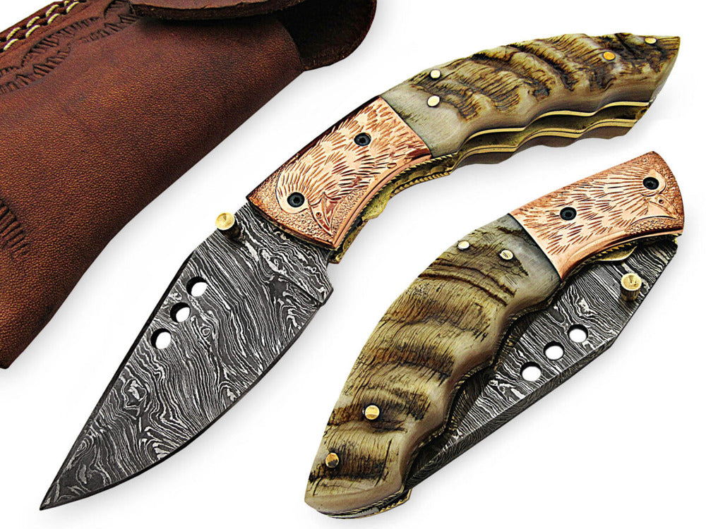 Traditional Custom Handmade Damascus Folding Knife with Blue Camel Bone Handle and Leather Sheath!