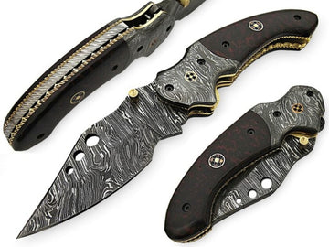 Custom Handmade Damascus Folding Knife with Buffalo Horn and Copper Handle with Leather Sheath-Ideal for Nature Lovers!