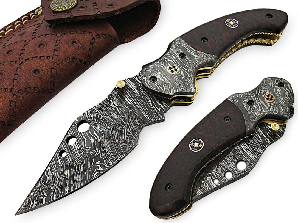 Custom Handmade Damascus Folding Knife with Buffalo Horn and Copper Handle with Leather Sheath-Ideal for Nature Lovers!