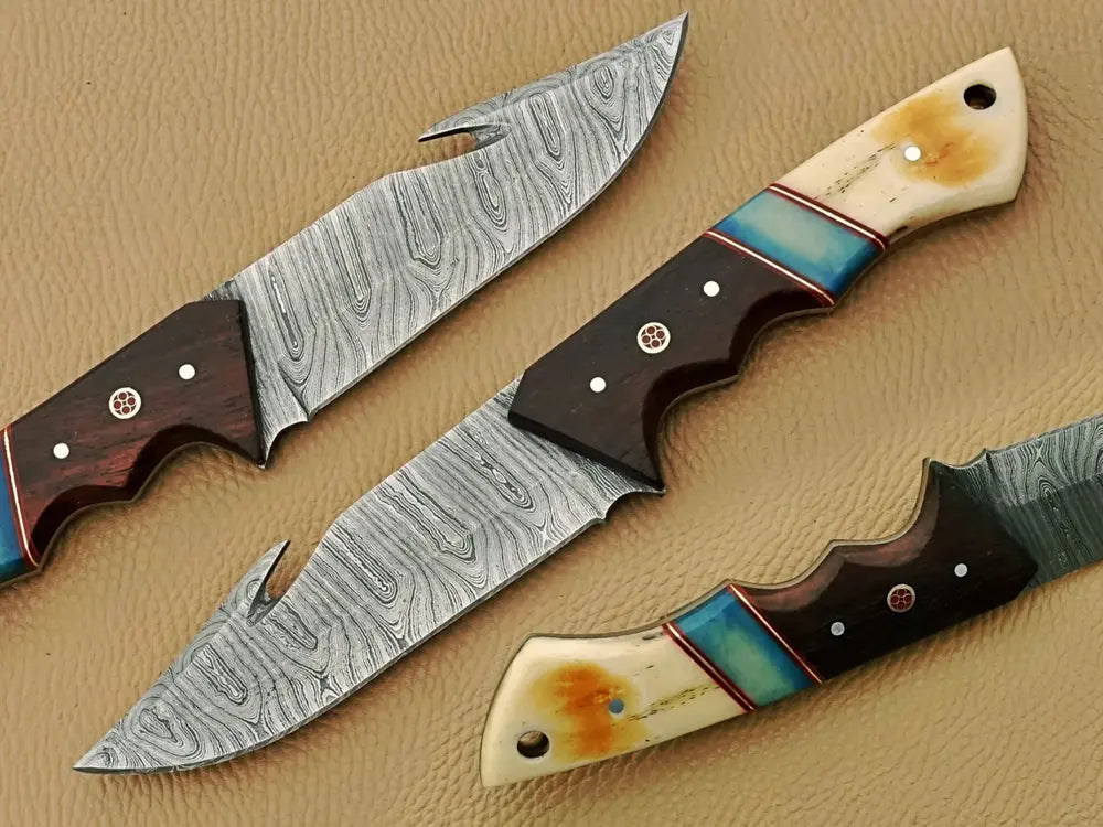 Handmade Damascus Steel Skinner Knife With Camel Bone Handle And Rosewood Bolsters