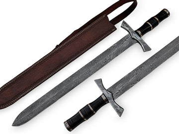 Top Seller-30-Inches Handmade Damascus Steel Viking Sword with Black-Bone Handle & Leather Sheath