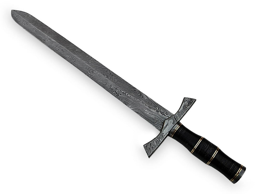 Top Seller-30-Inches Handmade Damascus Steel Viking Sword with Black-Bone Handle & Leather Sheath