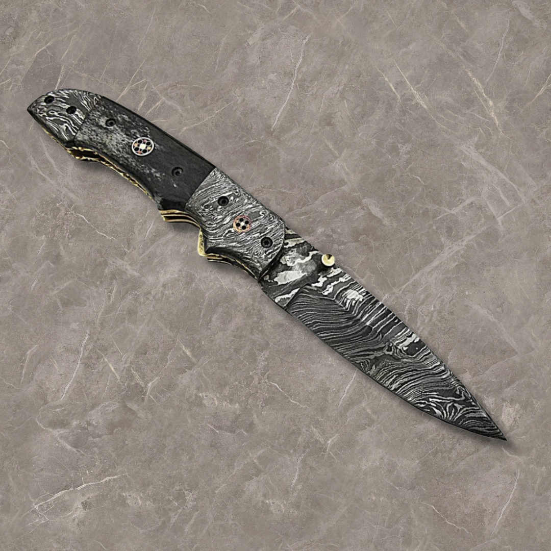 Handmade Damascus Steel Folding Pocket Knife with Brown Micarta Handle and Leather Sheath