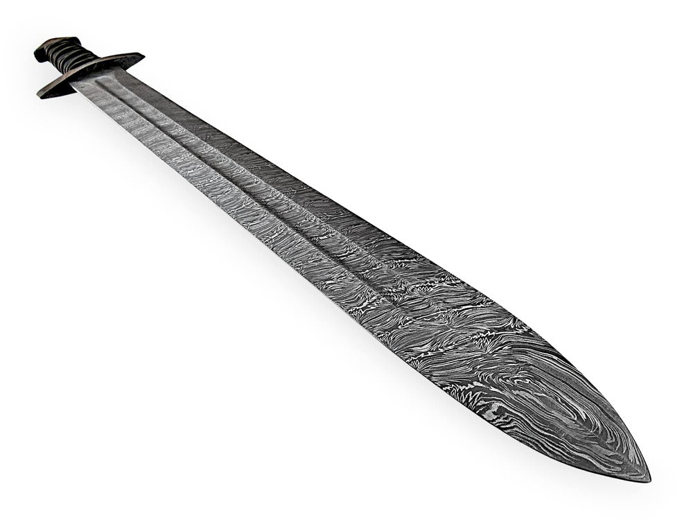 Ornate Handmade Damascus Steel Knight Sword with black Micarta Handle & Leather Sheath