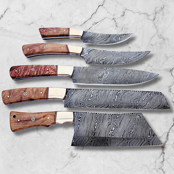 Pro Chef Knife Set of 5 Piece Damascus Steel. | Olive Wood Handle.