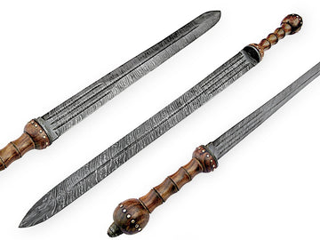 Hot Seller! Custom Handmade Damascus Steel Viking Sword with Red Pakka Wood Handle & Leather Sheath!