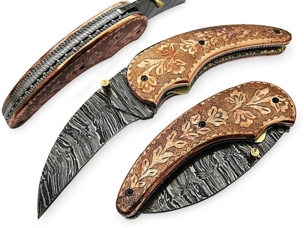 Personalized Damascus Steel Pocket Knife with Belt Clip Camel Bone Rose Wood Handle - store 7.5