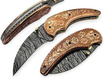 Custom Handmade Damascus Folding Knife with Dyed Camel Bone and Leather Sheath