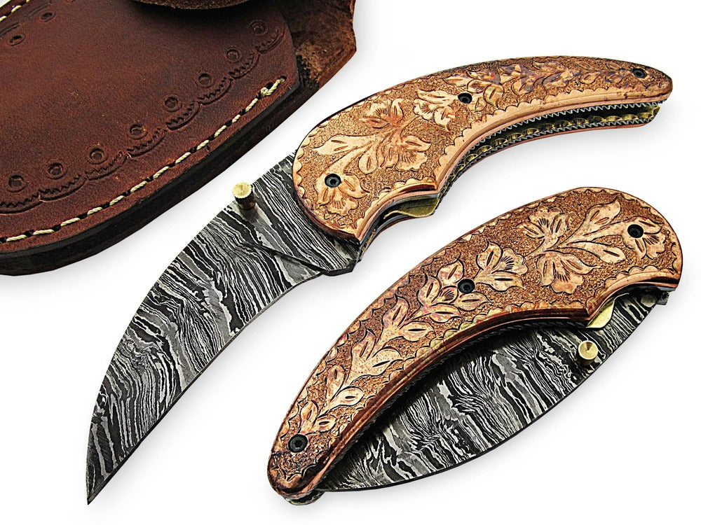 Custom Handmade Damascus Folding Knife with Dyed Camel Bone and Leather Sheath